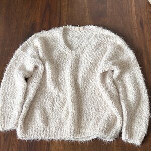 Altar'd State Cream Fuzzy V-Neck Sweater